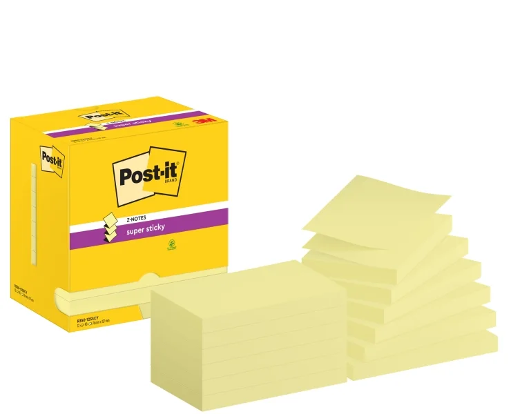 Post-It Super Sticky Pack de 12 Blocs de 90 Notas Adhesivas Reposicionables - Forma Rectangular - 76x127mm - en Zig-Zag - Color Amarillo Claro