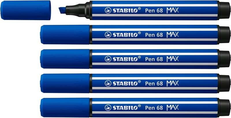 Stabilo Pen 68 MAX Rotulador - Punta de Fibra Biselada - Trazo entre 1-5mm aprox. - Tinta a Base de Agua - Color Azul Marino · Pack de 5 uds.