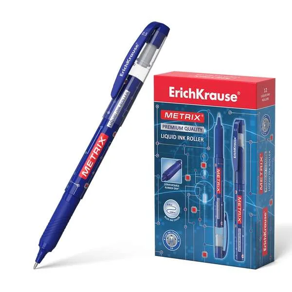 Erichkrause Metrix Boligrafo Tinta Gel - Punta 0.5mm - Agarre de Goma - Capuchon con Clip - Secado Rapido - Color Azul · Pack de 12 uds.