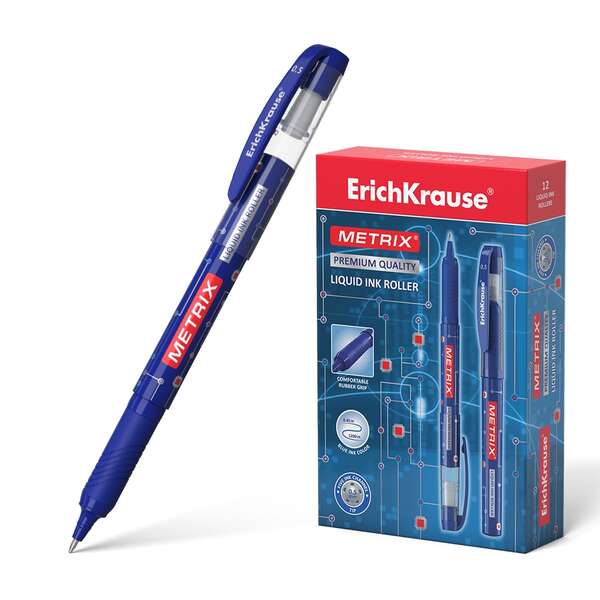 Erichkrause Metrix Boligrafo Tinta Gel - Punta 0.5mm - Agarre de Goma - Capuchon con Clip - Secado Rapido - Color Azul · Pack de 12 uds.