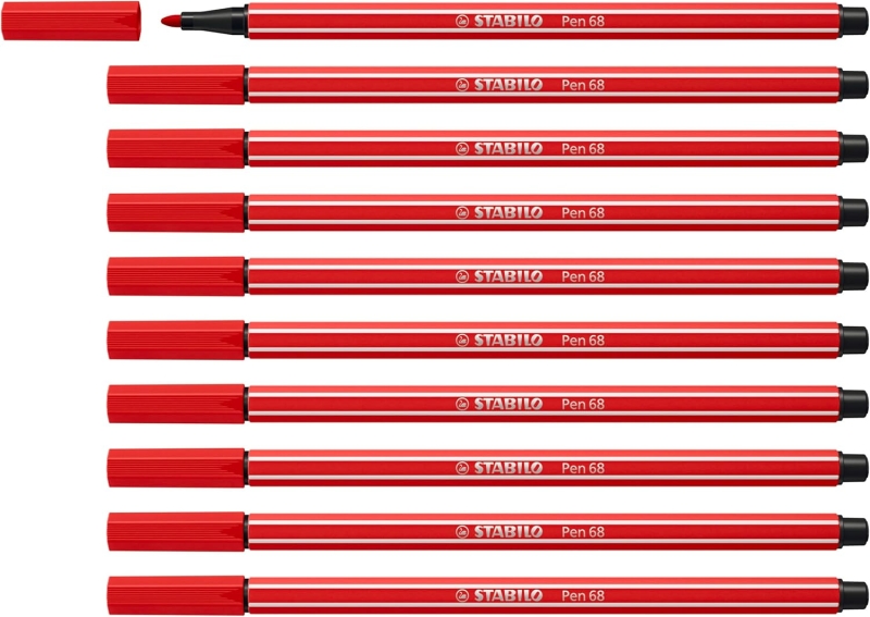 Stabilo Pen 68 Rotulador de Punta de Fibra - Trazo de 1mm aprox. - Tinta con Base de Agua - Color Carmin · Pack de 10 uds.