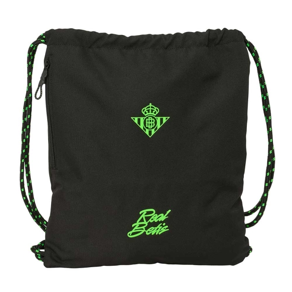 Safta Real Betis Balompie Saco de Deporte - Cierre con Cordones - Bolsillo Lateral con Cremallera - 35x40x1cm - Color Negro y Verde