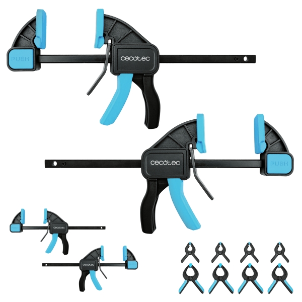 Cecotec StrongComfort 740 Instant Evolution Set de Sargentos de Liberacion Rapida - 12 Piezas - Incluye Accesorios - Funcion Rotativa - Color Negro y Azul