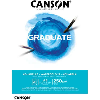 Canson Graduate Acuarela Bloc Encolado de 20 Hojas A5 - 250g - Grano Fino - Color Blanco