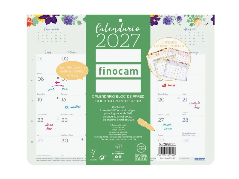 Finocam Design Calendario de Pared con Iman - Anual 2027 - Mes Vista - 250x200mm - Encolado - Papel de 120g/m2 - Espacio para Anotaciones - Multicolor