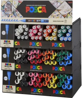 Posca Expositor de 112 Marcadores de Pintura - Punta de Poliester - Tinta Pigmentada Base Agua - Resistente a la Luz - Color y Trazo Surtidos