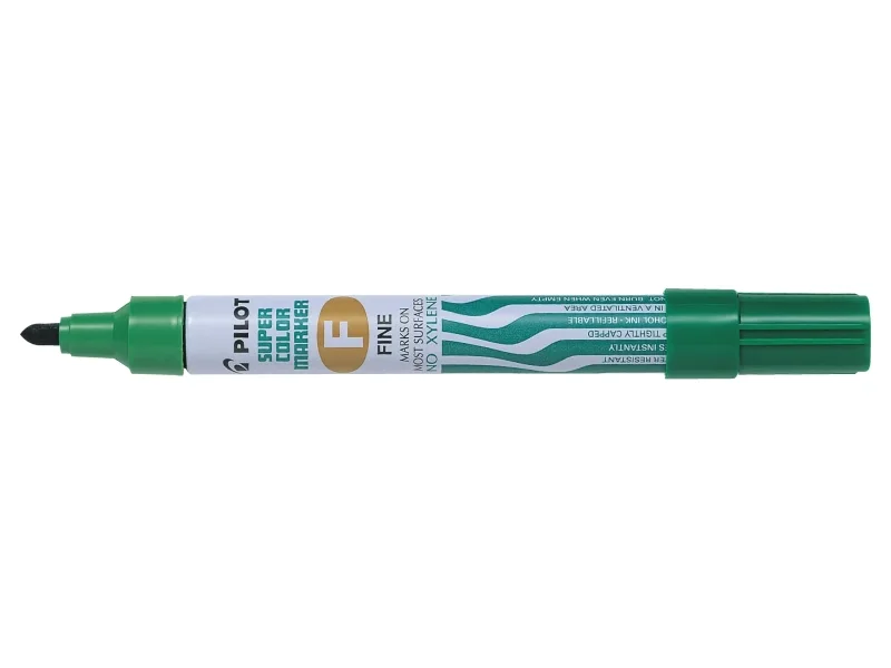 Pilot Super Color Rotulador Permanente Multisuperficie - Punta Fina de Fibra Conica - Tinta Base Alcohol Libre de Xileno - Cuerpo Metalico - Color Verde · Pack de 12 uds.