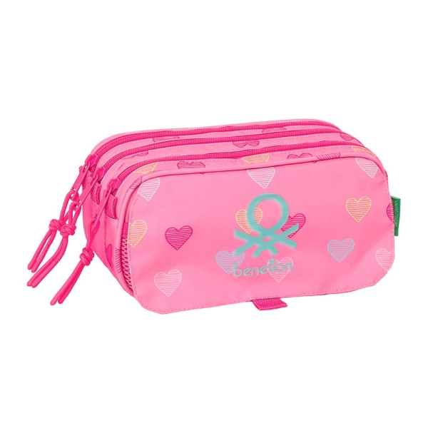 Safta Benetton Heart Portatodo - 3 Compartimentos con Cremalleras - Bolsillo Frontal - Cinta Adaptable - 1.72L - 215x80x100mm - Color Rosa