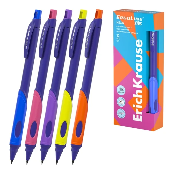 ErichKrause ErgoLine Kids Neon Portaminas - Mina HB de 2.0mm - Sacapuntas Integrado - Ergonomico - Colores Surtidos · Pack de 12 uds.