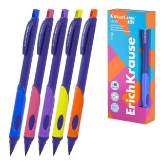 ErichKrause ErgoLine Kids Neon Portaminas - Mina HB de 2.0mm - Sacapuntas Integrado - Ergonomico - Colores Surtidos · Pack de 12 uds.