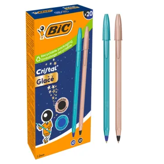 Bic Cristal Glace Pack con 20 Boligrafos de Bola - Cuerpo Opaco en Color Azul Metalizado Mate y Cobre Mate - Punta Redonda de 1mm - Trazo 0.4mm - Tinta con Base de Aceite - Color de la Tinta