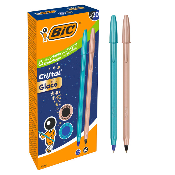 Bic Cristal Glace Pack con 20 Boligrafos de Bola - Cuerpo Opaco en Color Azul Metalizado Mate y Cobre Mate - Punta Redonda de 1mm - Trazo 0.4mm - Tinta con Base de Aceite - Color de la Tinta