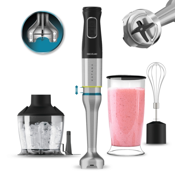 Cecotec Katana 12 Chop Batidora de Mano - 1200W - Funcion Oscilante - Cuchillas de Titanio - 21 Velocidades - Campana Antisalpicaduras - Accesorios Incluidos - Vaso 800ml con Tapa - Turbo -