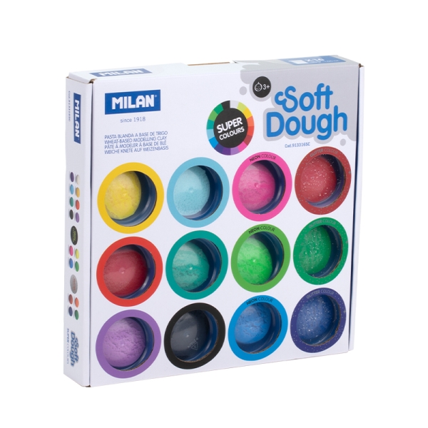 Milan Soft Dough Pack de 16 Botes de Pasta Blanda - 8 Basicos - 4 Neon - 4 Glitter o Purpurina - 30g por Unidad - 100% Vegetal - Moldeable - Sin Residuos - Colores Mezclables - Colores Surti