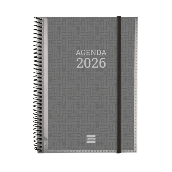 Finocam Basics Agenda en Catalan - Anual 2026 - con Espiral - Personalizable - Formato E10 - 162x14x212mm - Semana Vista Horizontal - Color Gris