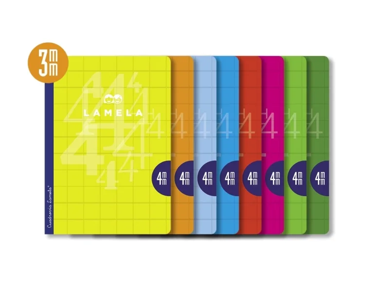 Lamela Pack de 10 Libretas Grapadas con 50 Hojas de 90g/m2 con Margen - Formato A4 - Pauta Cuadrovia de 3mm - Cubierta de Cartoncillo Plastificado - Papel Offset Blanco Extra - Colores Surtidos