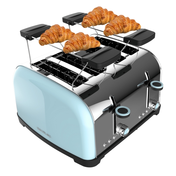 Cecotec Toastin' Time 1700 Double Tostadora de 4 Ranuras - 1700W - Ranura Ancha - Acero Inoxidable - Calienta Panecillos - Funciones Recalentar y Descongelar - 7 Niveles de Tostado - Color A