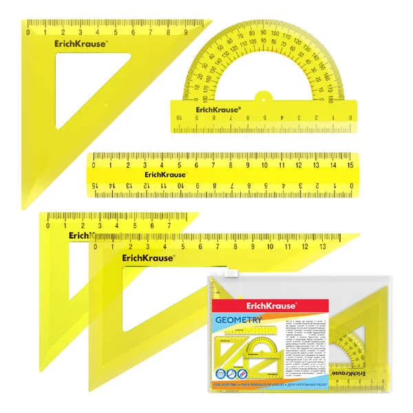Erichkrause Pack de 5 Reglas de Dibujo - Regla de 15cm - Escuadra de 7cm/45º, 9cm/45º, 13cm/60º - Transportador de 180º/10cm - Color Amarillo