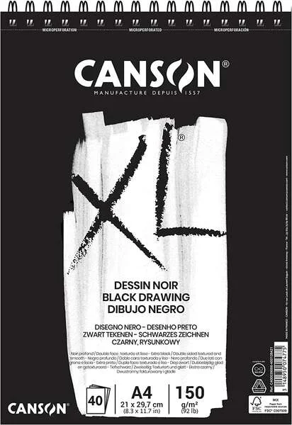 Canson XL Black Bloc de 40 Hojas A4 150g - Grano Fino - Espiral Microperforado - Color Negro