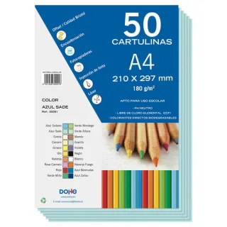 Dohe Pack de 50 Cartulinas A4 de 180gr - Con PH Neutro - Libres de Cloro Elemental - Color Azul Sado