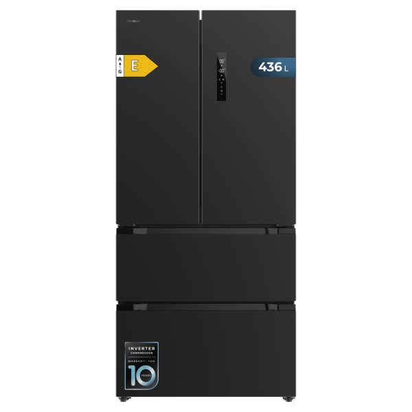 Cecotec Bolero CoolMarket FD 436 Dark E Frigorifico Puerta Francesa de 4 Puertas - Capacidad 510L - Compresor Inverter - Total Nofrost - Modo Vacaciones - Frio Envolvente - 83.6x63.6x183cm -