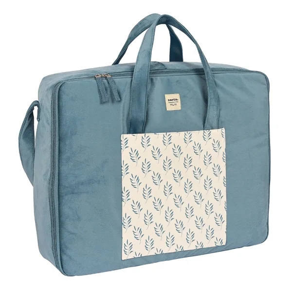 Safta Leaves Maleta de Bebe de 28L - Cremallera Doble - Bolsillo Frontal - Bolsillos Internos - Interior Acolchado - Bandolera Ajustable - Asas Superiores - 500x140x400mm - Color Azul