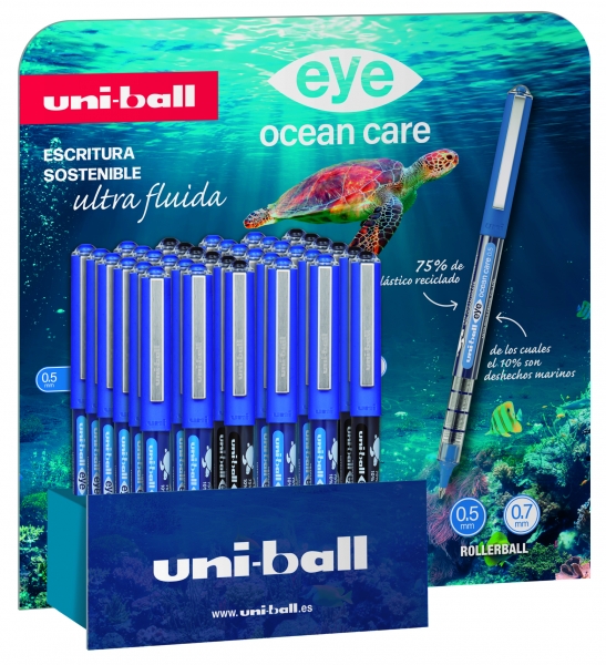 Uni-ball Eye Ocean Care UB150/157 Expositor de 36 Boligrafos - Punta de Bola 0.5mm - Tinta Pigmentada Resistente al Agua y Luz - Sistema de Control de Tinta - Color Surtido · Pack de 36 uds.