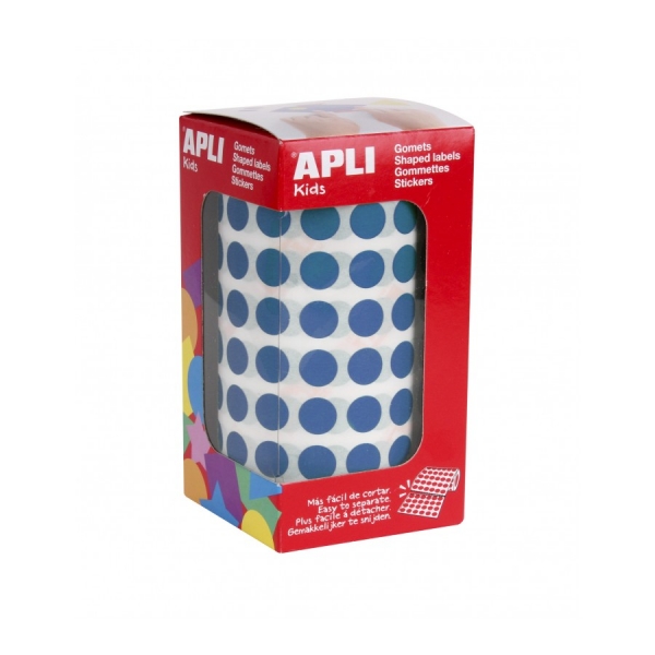 Apli Rollo de 5.192 Gomets Redondos Adhesivo Permanente - Adhesivo Base Agua - Libre de Disolventes - Color Azul
