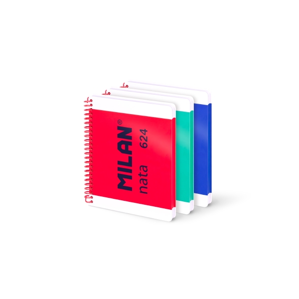 Milan Nata 624 Pack 3 Cuadernos A5 con Espiral - Cuadriculado - 80 Hojas de 95Gr - Tapa Dura - Colores Surtidos