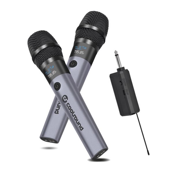 Coolsound CS0287 Pack 2 Microfono Inalambrico UHF - Autonomia Hasta 6 Horas - Receptor Incluido - Emparejamiento Automatico - Boton On/Off - Jack de 6.3mm y 3.5mm - Color Gris