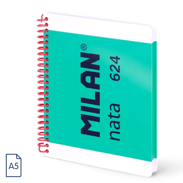 Milan Nata 624 Cuaderno A5 con Espiral - Papel a Lineas de 7mm - 80 Hojas de 95g - Tapa Dura - Color Verde