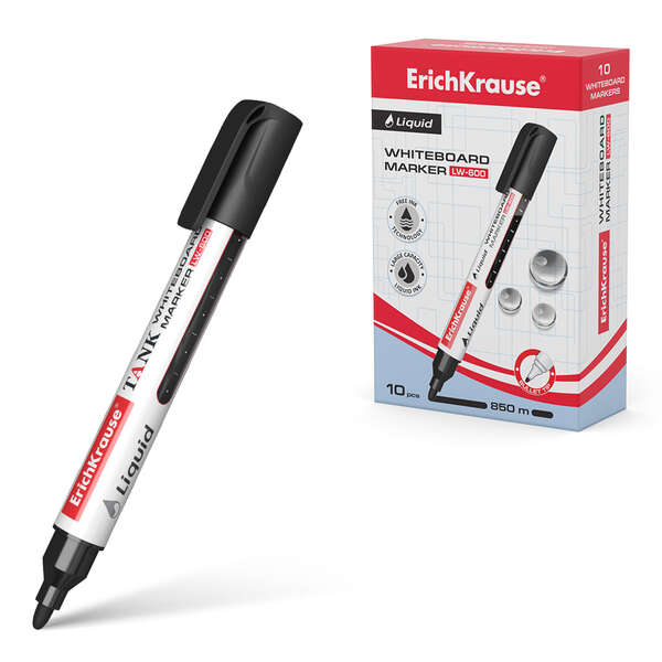 Erichkrause Liquid LW-600 Marcador de Pizarra Blanca - Tinta Liquida a Base de Alcohol - Punta en Forma de Bala - Ancho de Linea 2.5mm - Color Negro · Pack de 10 uds.