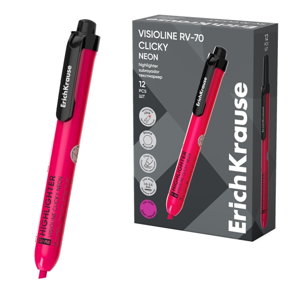 ErichKrause Visioline RV-70 Clicky Neon Marcador Fluorescente - Retractil - Punta Biselada - Trazo de 1.0mm a 3.5mm - Color Rosa · Pack de 12 uds.