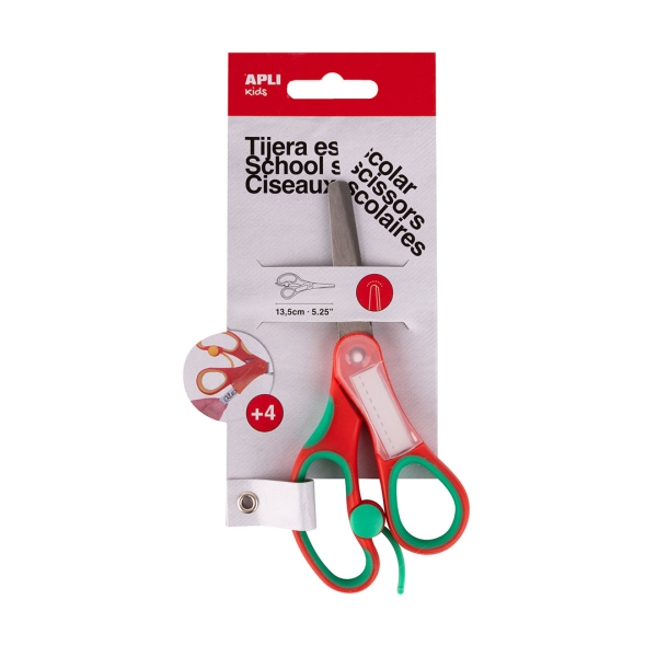 Apli Kids Tijera Escolar 13 cm - Punta Redondeada - Ergonomica - Espacio para el Nombre - Uso Ambidiestro - Color Rojo