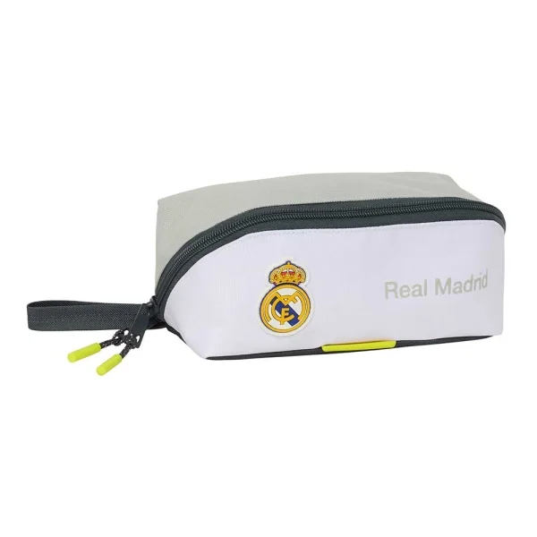 Safta Real Madrid Estuche Portatodo de 2.2L - Asa de Mano - Cremallera Diagonal - 20x8x8cm - Color Blanco y Negro
