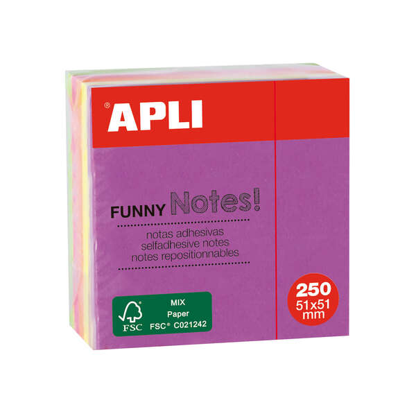 Apli Mini-Cubo con 250 Notas Adhesivas Funny 51x51mm - 5 Colores Surtidos Fluorescentes - Divertidas y Practicas