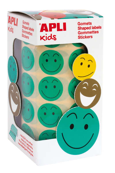 Apli Rollo con 900 Gomets Cara Feliz Verdes Ø 20mm - Adhesivo Removible - Ideal para Motivar y Premiar a los Niños