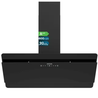 Cecotec Bolero Flux DT 908000 Glass Black A++ Campana Extractora de 90cm - 210W - Succion 800m3/h - Luz LED - Pantalla LED - Incluye Accesorios - Filtros de Carbono Incluidos - Color Negro