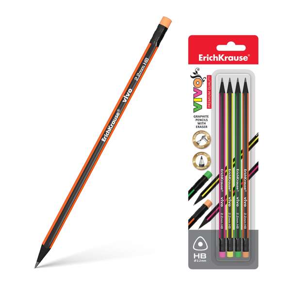 Erichkrause Vivo HB Pack de 4 Lapices de Grafito Triangular HB con Goma de Borrar del Color del Lapiz - Madera Seleccionada - Resistente al Impacto - Facil Afilado - Cuerpo de Colores Surtid