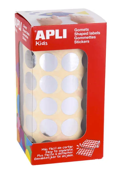 Apli Gomets Redondos Plata Metalizado Ø 15mm - 59 Hojas Pretroqueladas - 2832 Gomets por Rollo - Desarrolla Psicomotricidad Fina