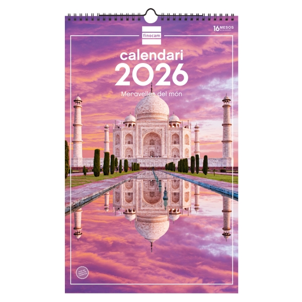 Finocam Calendario de Pared en Catalan - Anual 2026 - Imagenes Variadas - con Espiral - Espacio para Escribir - Tematica de Maravillas Del Mundo