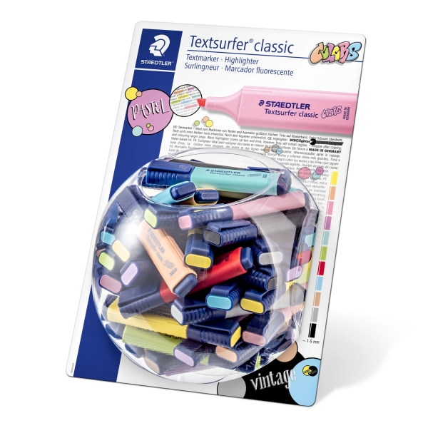 Staedtler Textsurfer Classic 364 Expositor de 100 Marcadores Fluorescentes - Punta Biselada 1 - 5 mm Aprox - Secado Rapido - Colores Pastel y Vintage Surtidos