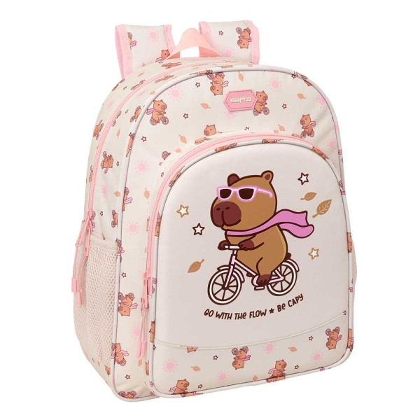 Safta Capibara Mochila - 15L - Adaptable a Carro - Bolsillo Frontal - Portabotellas - Cremallera con Doble Tirador - Asa de Mano - Hombreras y Espalda Acolchada - 32x38x12cm - Color Rosa Pastel