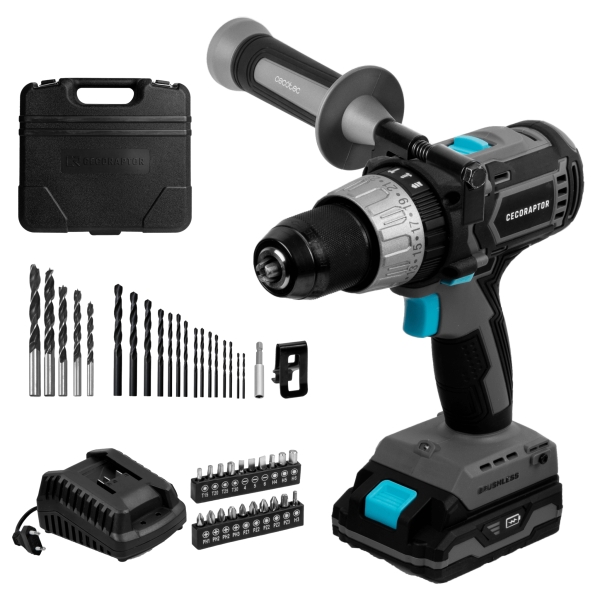 Cecotec CecoRaptor Perfect ImpactDrill 2020 Brushless Ultra Taladro Percutor Inalambrico - Torque 46Nm - 2000rpm - 3000Ipm - Bateria 2Ah 20V - Luz LED - Incluye Accesorios - Color Negro y Gr