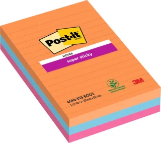 Post-It Super Sticky Pack de 3 Blocs de 90 Notas Adhesivas Reposicionables - Forma Rectangular - 101x101mm - Colores Surtidos