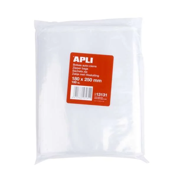 Apli Pack de 100 Bolsas de Auto Cierre 180 x 250 mm - Cierre Seguro - Aptas para Alimentos