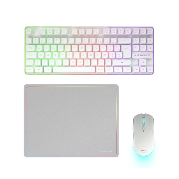 Mars Gaming MCPWTKL Combo Pack Gaming 3en1 - Teclado Hibrido H-Mech Formato TKL - Disposicion QWERTY ES - Raton 3200dpi - Switches HUANO - Color Blanco