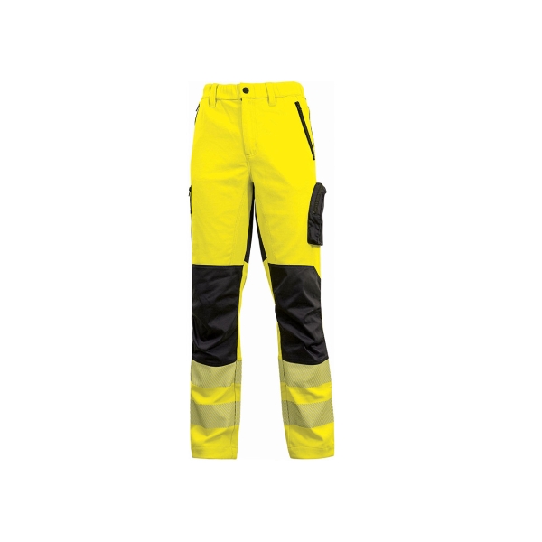 Upower Roy Pantalones Alta Visibilidad Elasticos - Talla 2XL - Tejido Stretch, Multiples Bolsillos con Cierre Zip, Cintura Elastica, Rodillas Preformadas, Proteccion DPI2 - Color Amarillo Fl