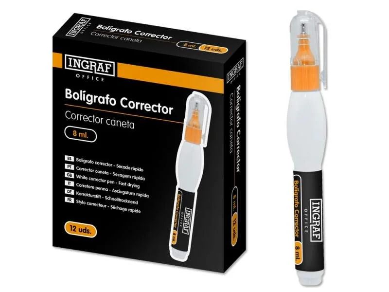 Ingraf Boligrafo Corrector 8ml - Punta Metalica Fina - Secado Rapido - Forma Ergonomica · Pack de 12 uds.