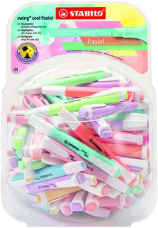Stabilo Swing Cool Pastel Expositor de 100 Marcadores Fluorescentes - Cuerpo Plano - Punta Biselada - Trazo entre 1 y 4mm - Tinta con Base de Agua - Colores Surtidos